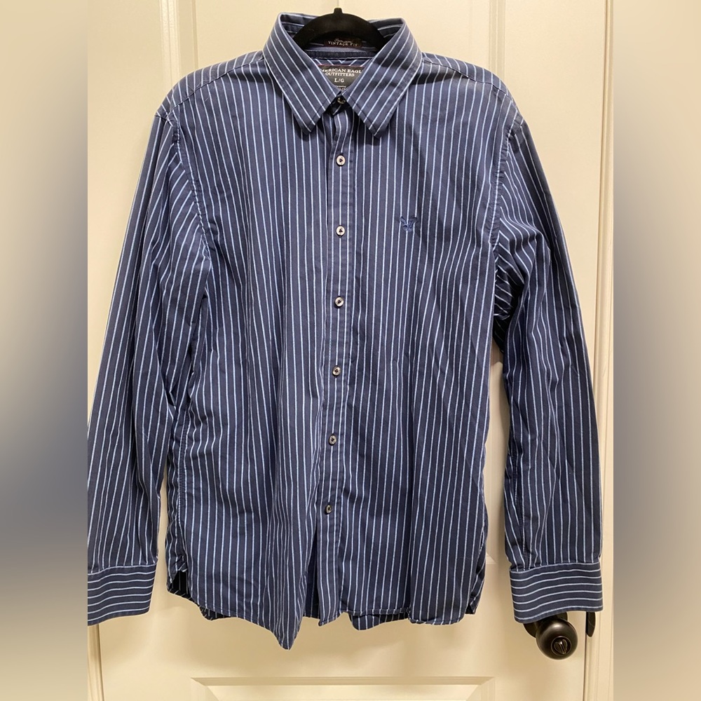 Men’s American Eagle Blue & White Striped Button-Down Shirt - Size Large